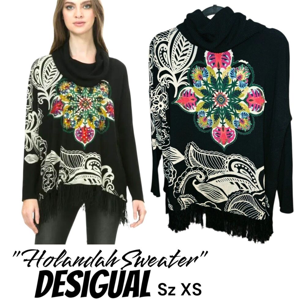 Desigual Sz XS Black Artsy Bright Floral Cowel Neck Boho Knit Blouse Logo Top